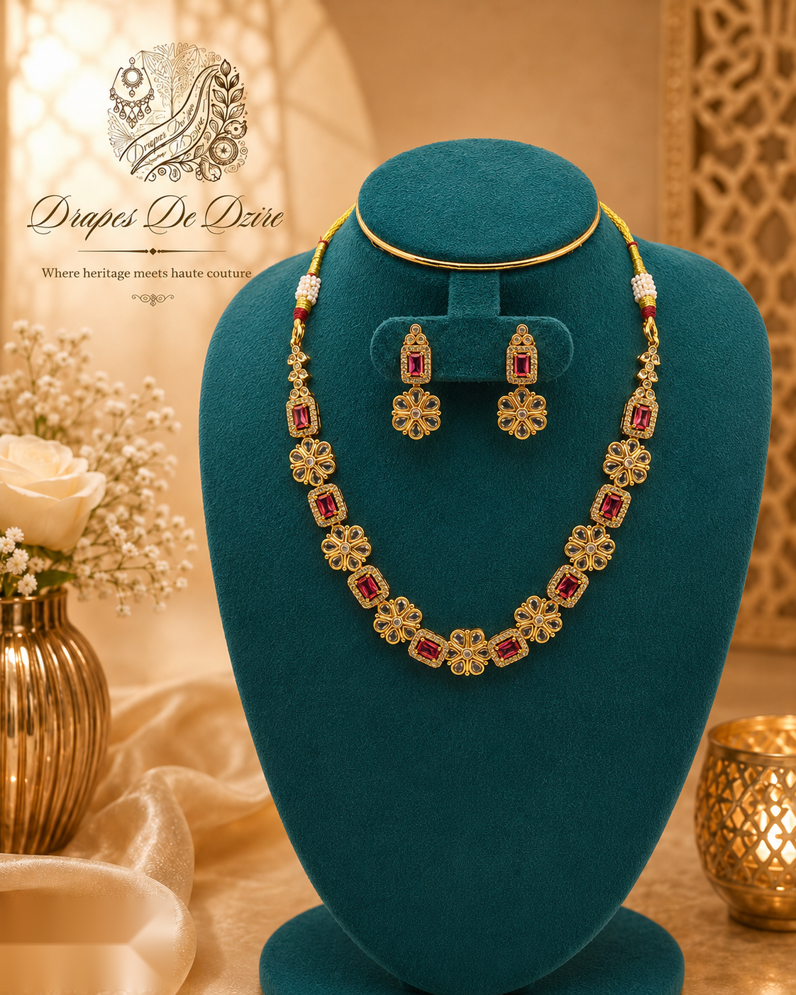 Gold-Tone Festive Floral Drop Necklace Set with Stone Detailing