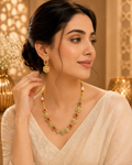 Gold-Tone Festive Floral Drop Necklace Set with Stone Detailing