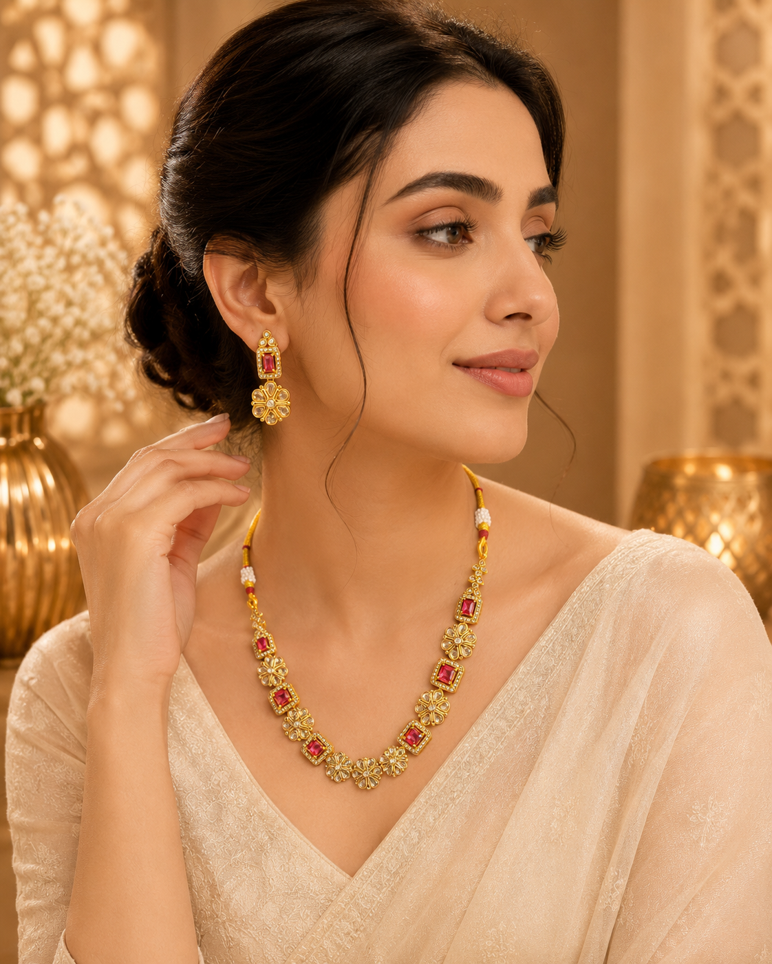Gold-Tone Festive Floral Drop Necklace Set with Stone Detailing