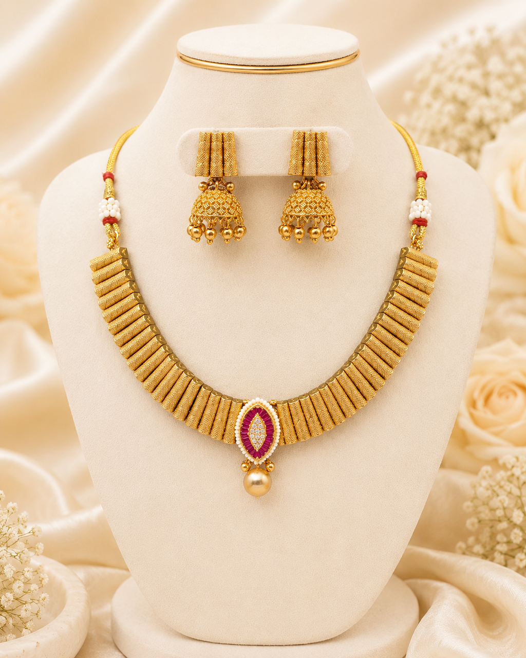 Bold Traditional Gold-Tone Statement Jhumka Necklace Set