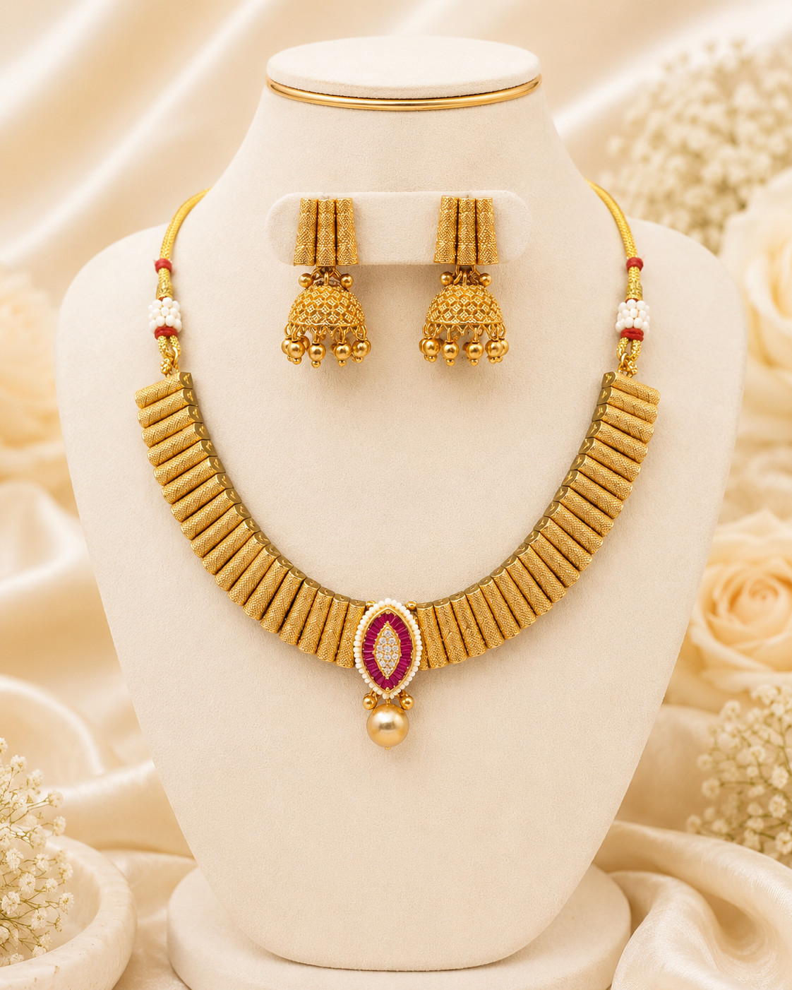 Bold Traditional Gold-Tone Statement Jhumka Necklace Set