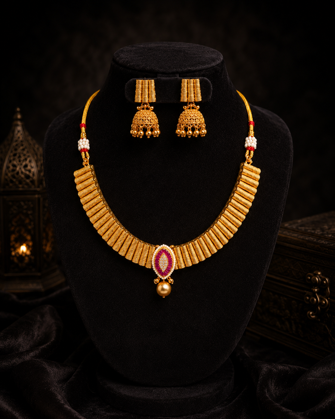 Bold Traditional Gold-Tone Statement Jhumka Necklace Set