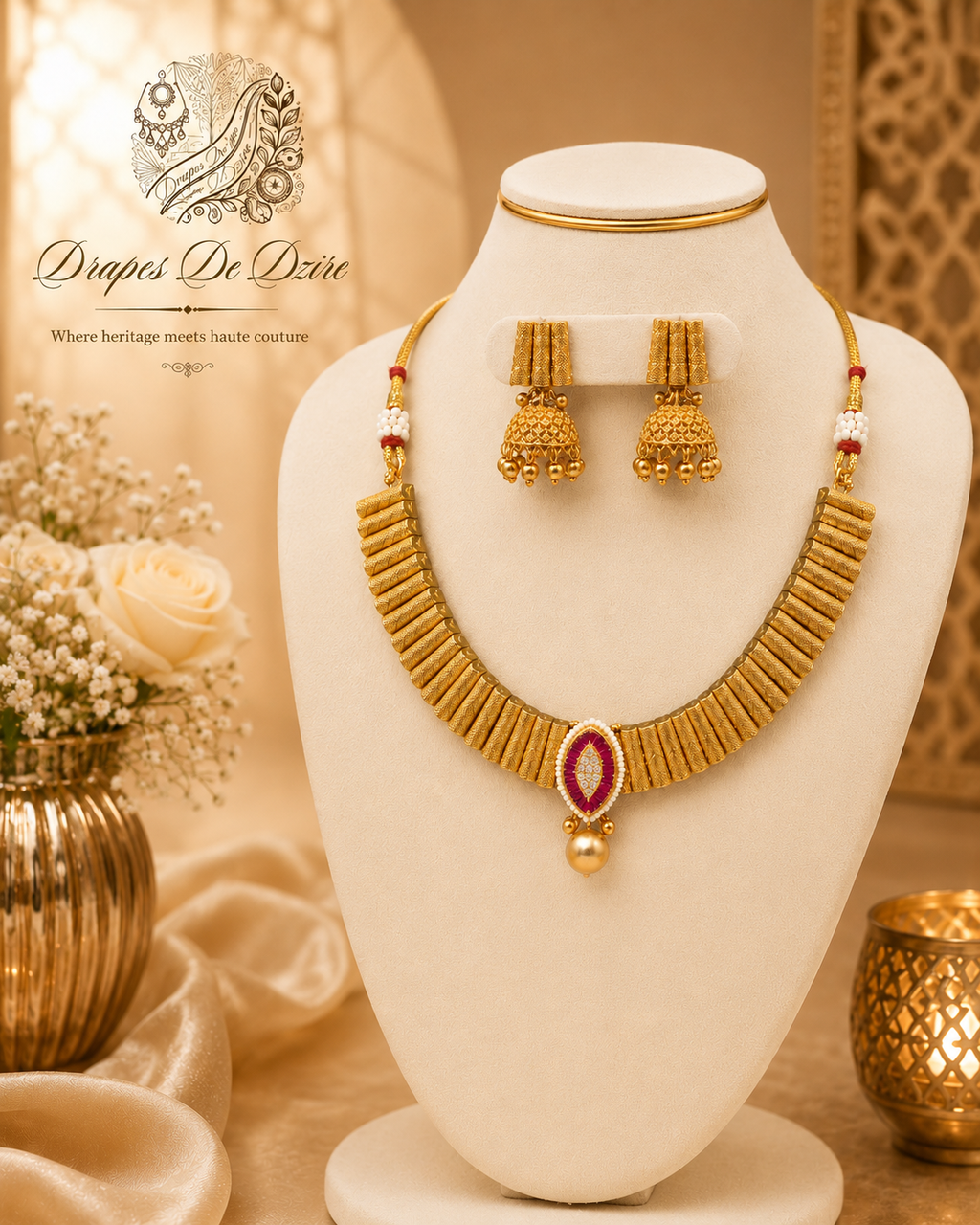 Bold Traditional Gold-Tone Statement Jhumka Necklace Set