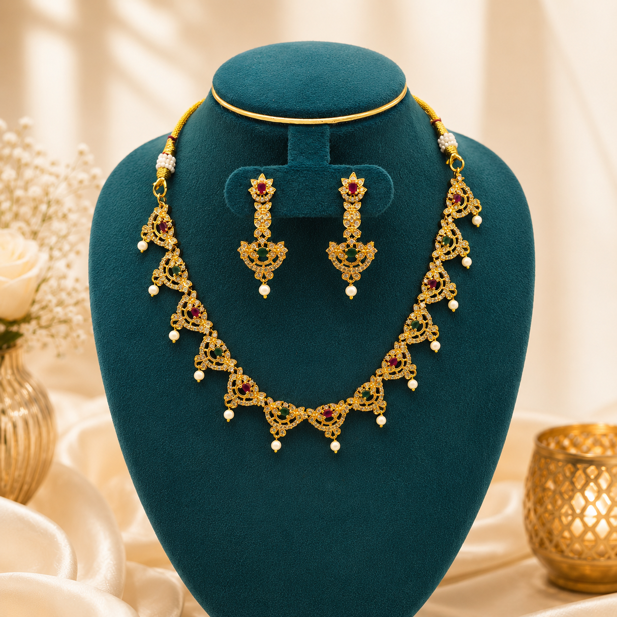 Vibrant Multi-Color Gold-Plated Short Necklace Set with Pressing Earrings