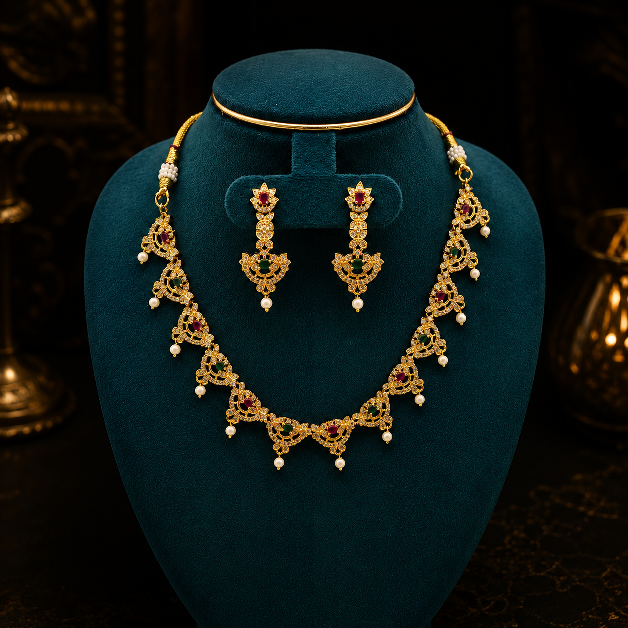 Vibrant Multi-Color Gold-Plated Short Necklace Set with Pressing Earrings