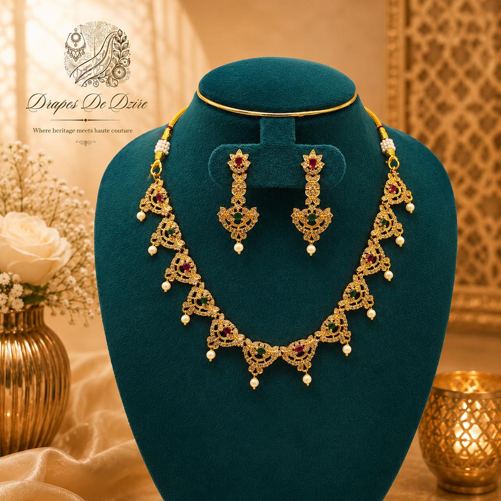 Vibrant Multi-Color Gold-Plated Short Necklace Set with Pressing Earrings