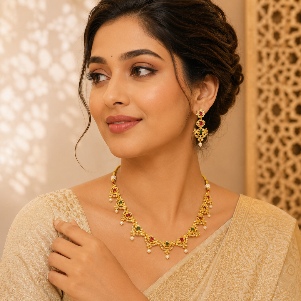 Vibrant Multi-Color Gold-Plated Short Necklace Set with Pressing Earrings