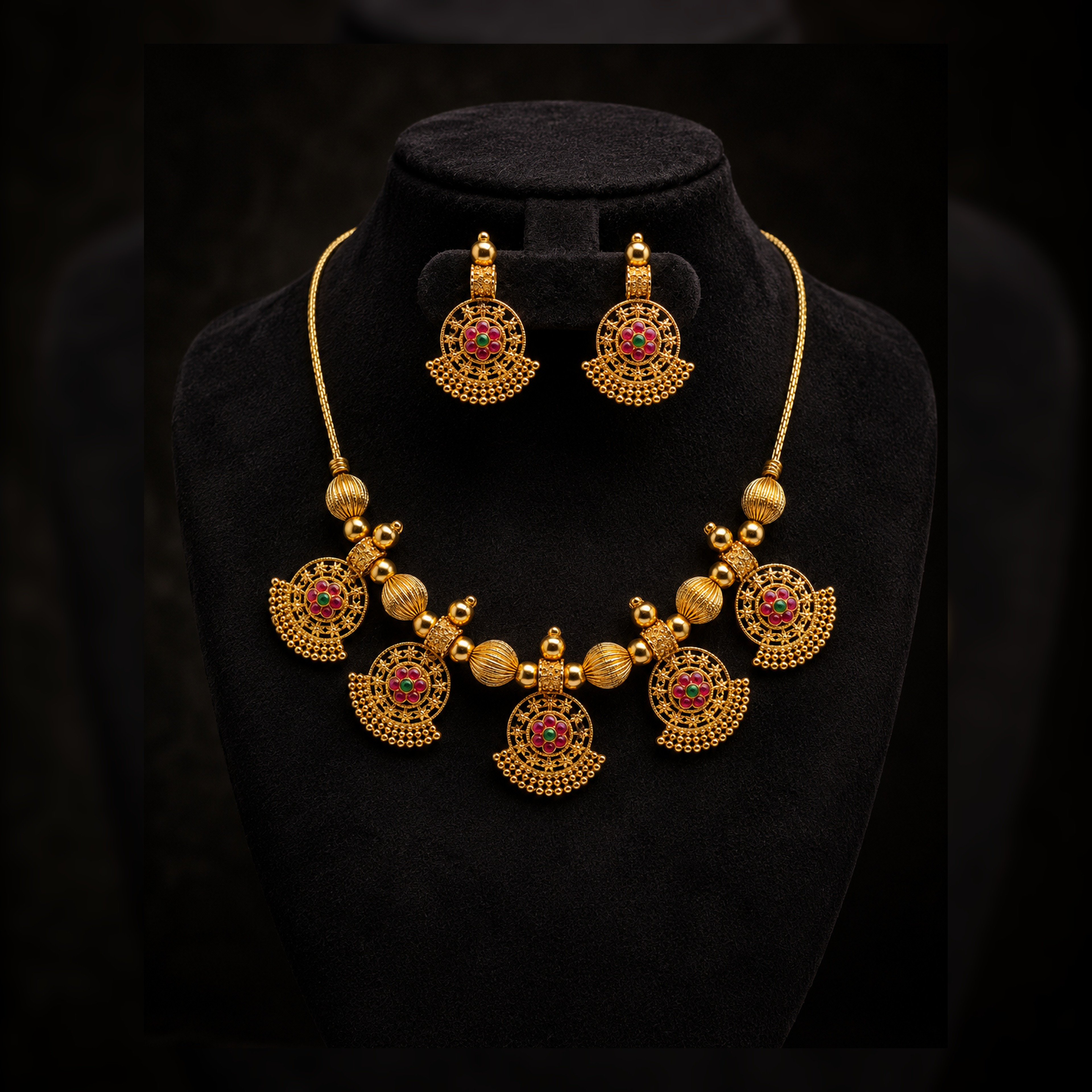 Bold Heritage Gold-Tone Necklace Set with Red & Gold Beads