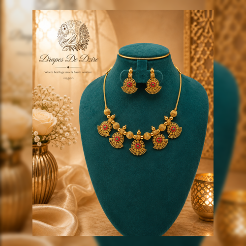 Bold Heritage Gold-Tone Necklace Set with Red & Gold Beads