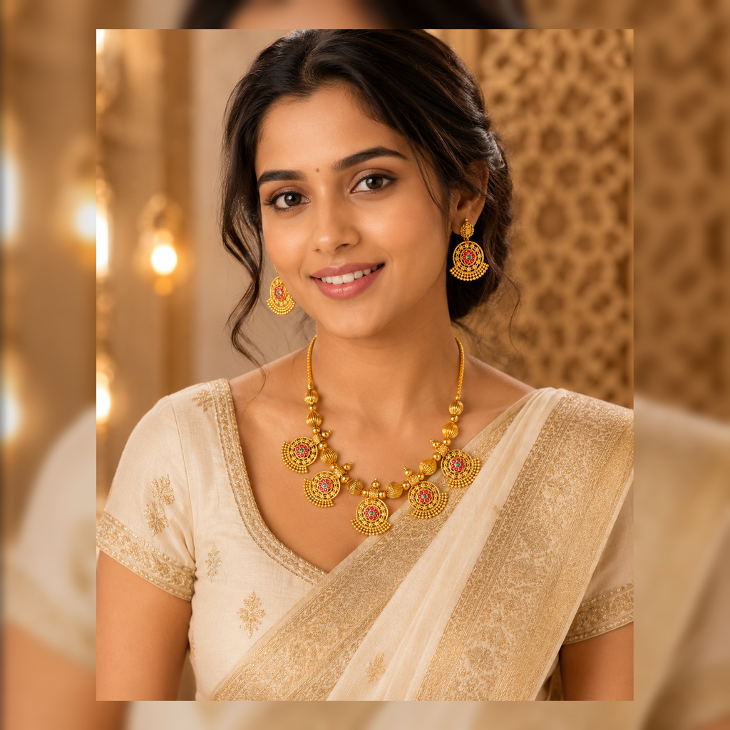 Bold Heritage Gold-Tone Necklace Set with Red & Gold Beads