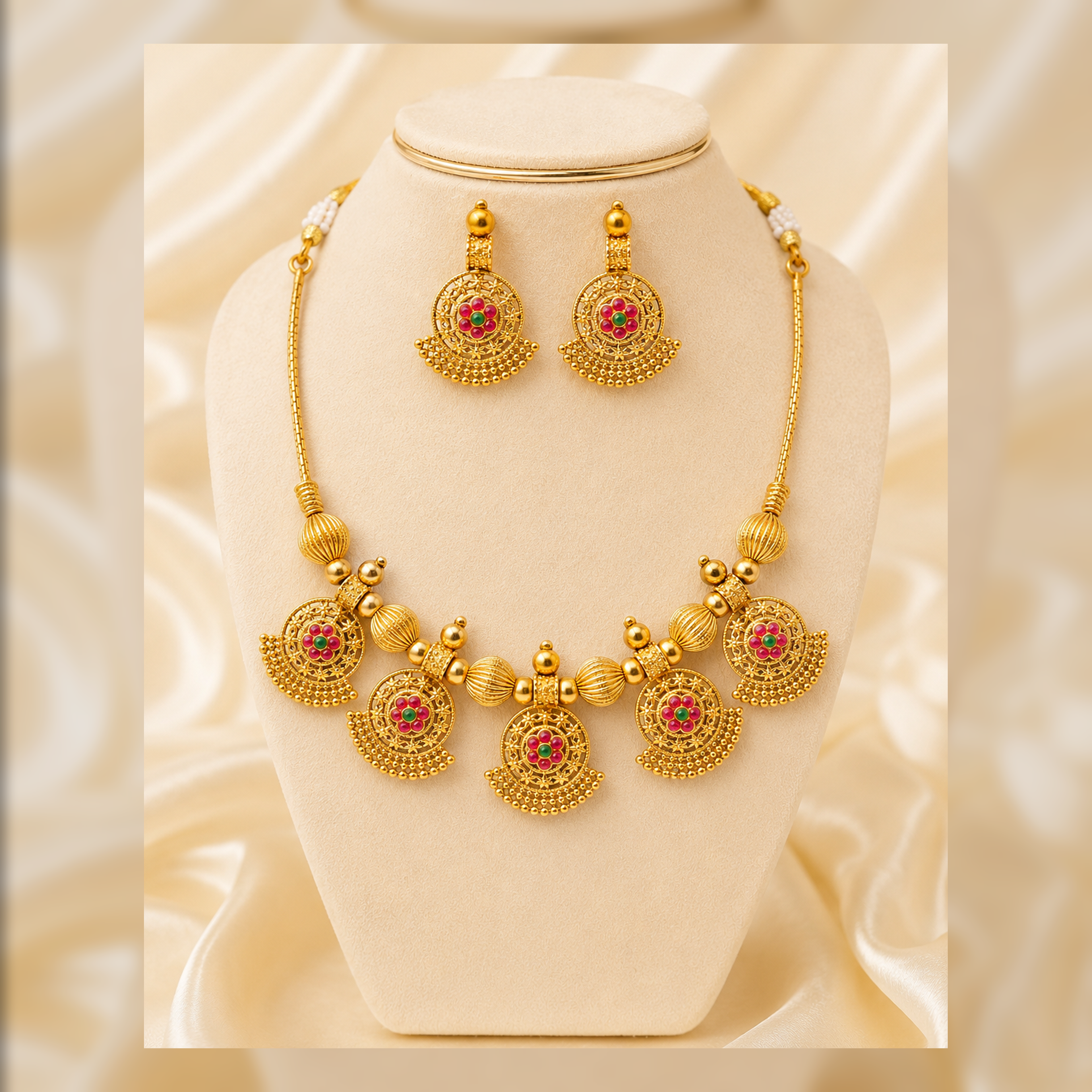 Bold Heritage Gold-Tone Necklace Set with Red & Gold Beads