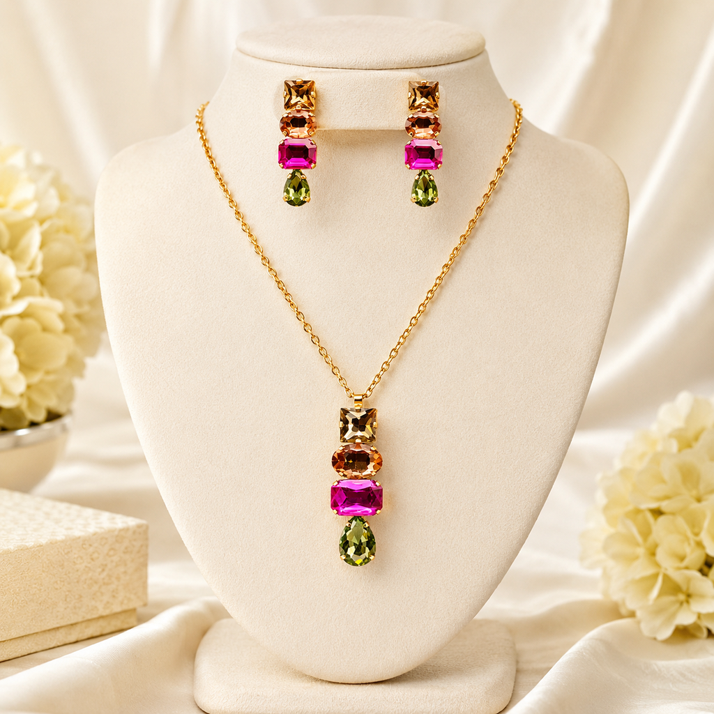 Vibrant Multi-Color Stone Pendant Chain Set with Pressing Earrings