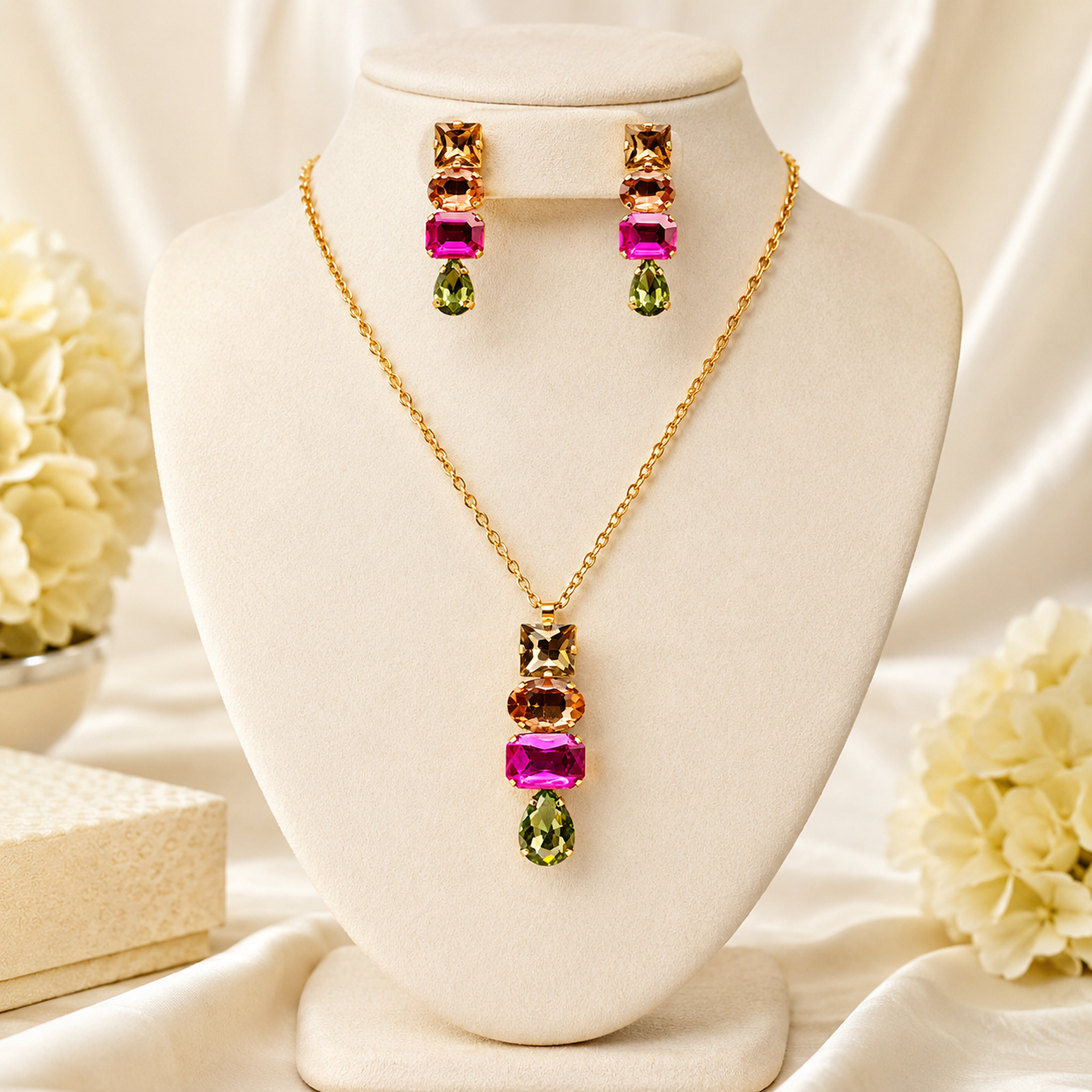 Vibrant Multi-Color Stone Pendant Chain Set with Pressing Earrings