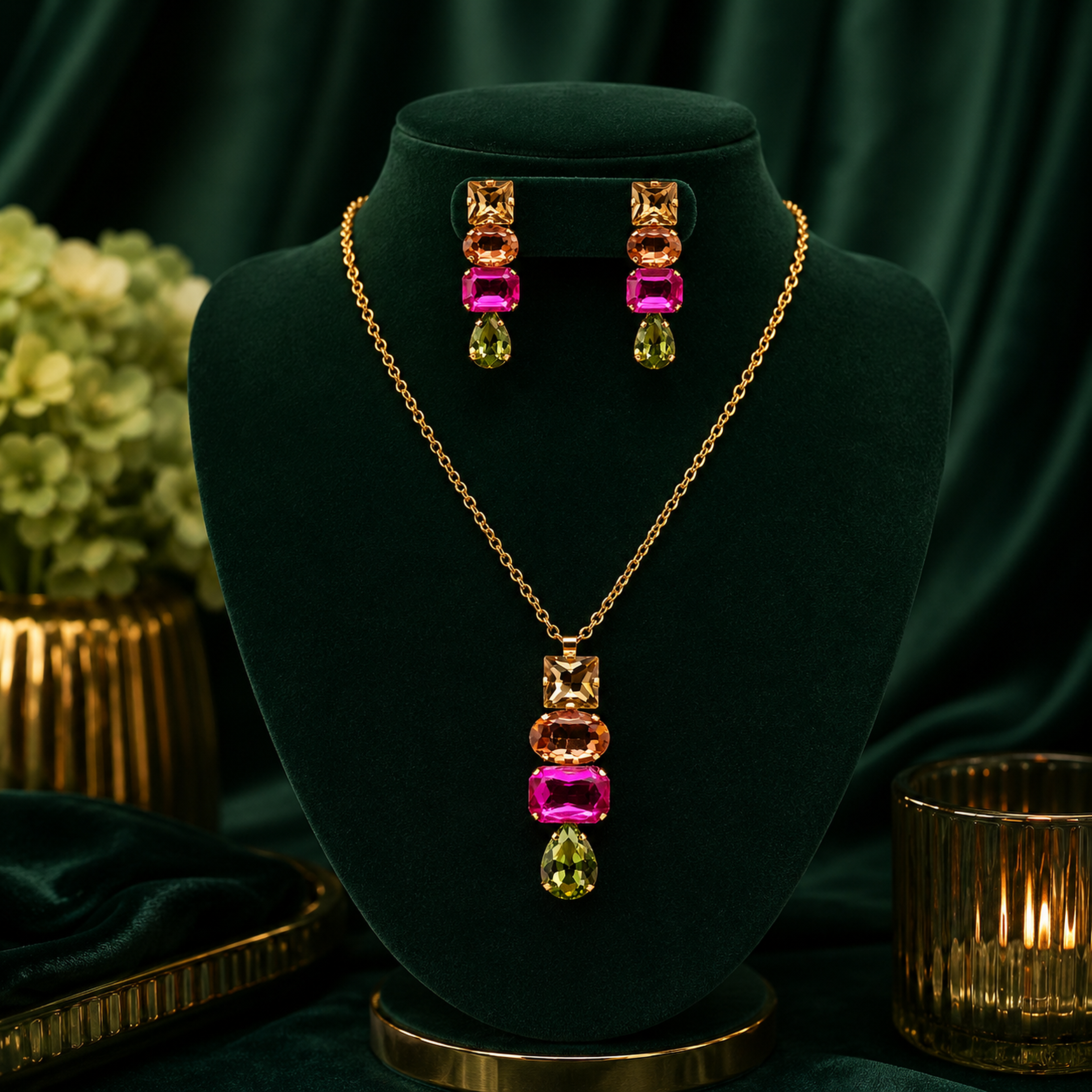 Vibrant Multi-Color Stone Pendant Chain Set with Pressing Earrings