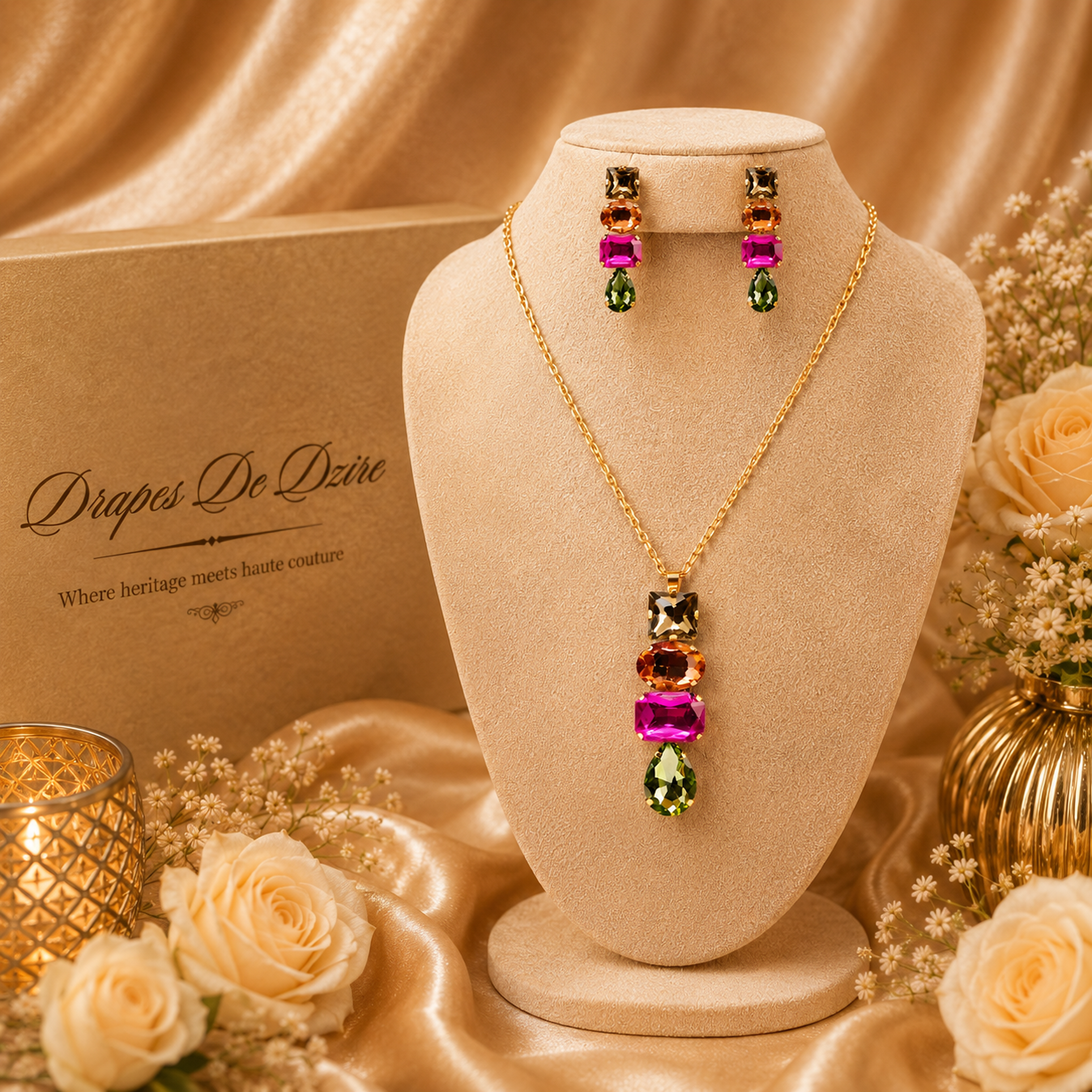 Vibrant Multi-Color Stone Pendant Chain Set with Pressing Earrings