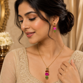 Vibrant Multi-Color Stone Pendant Chain Set with Pressing Earrings