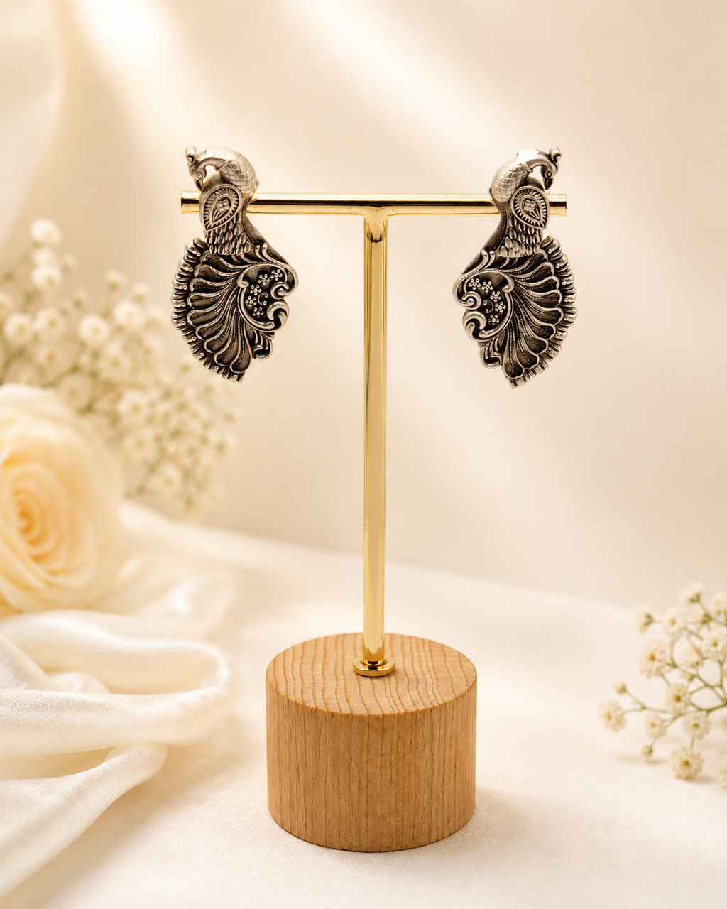 Oxidized Silver Twin Peacock Statement Earrings