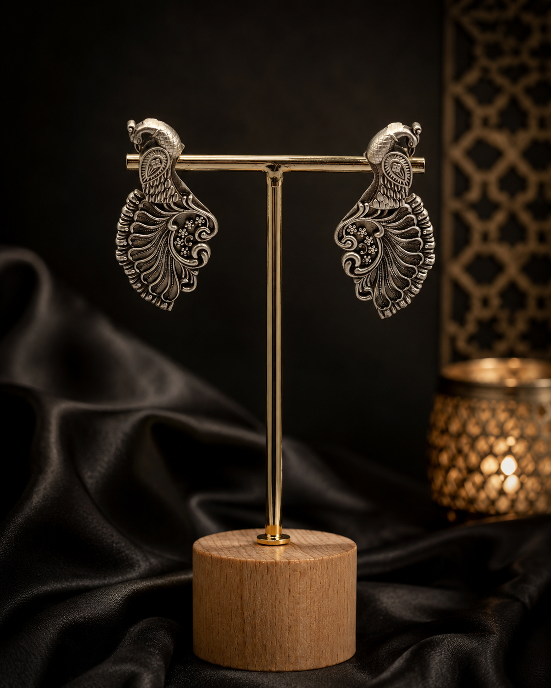 Oxidized Silver Twin Peacock Statement Earrings