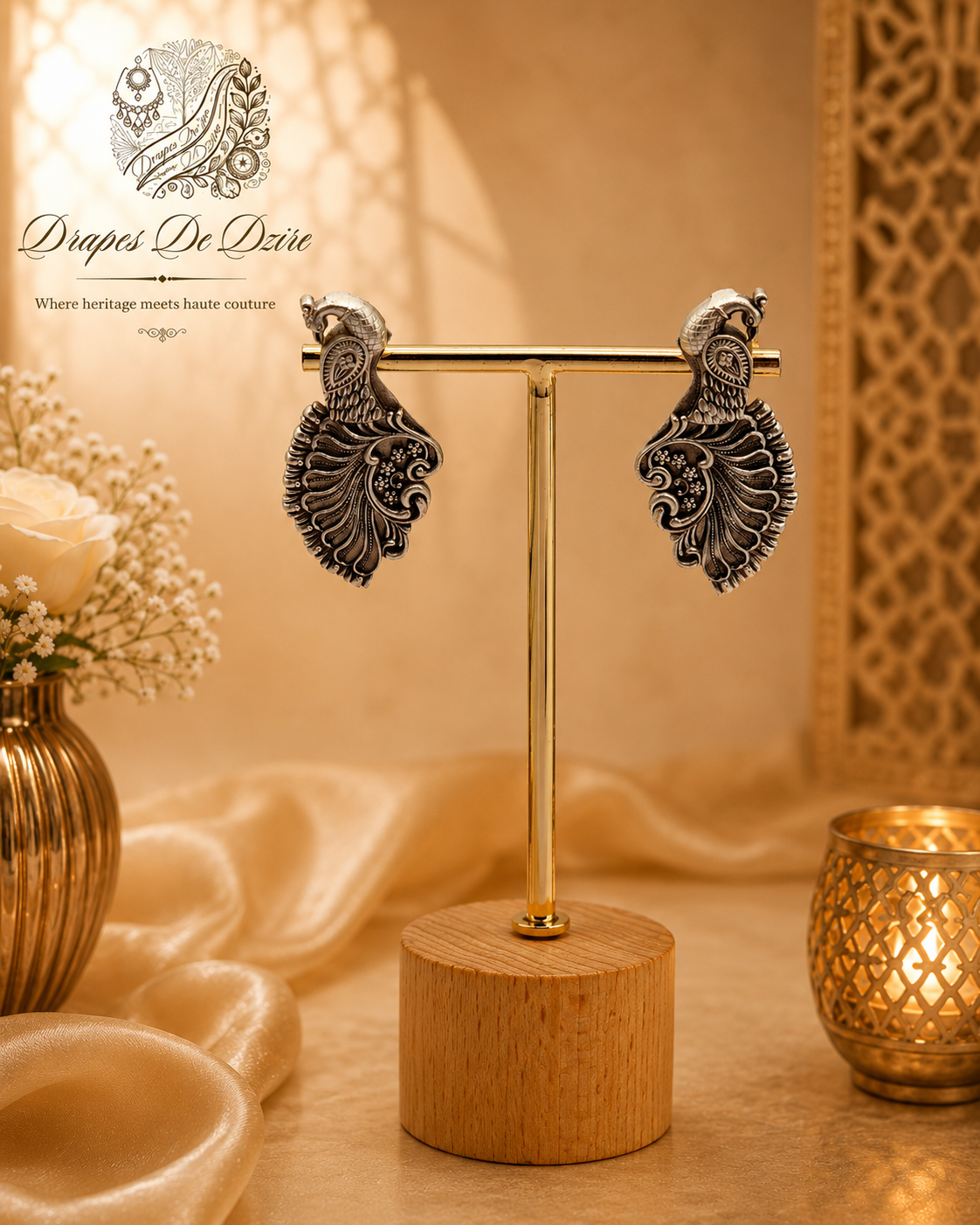 Oxidized Silver Twin Peacock Statement Earrings