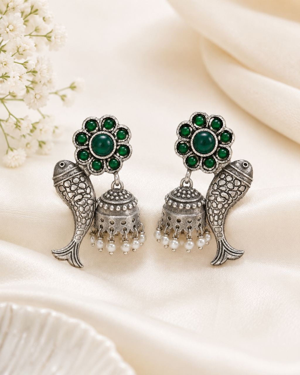 Oxidized Silver Green Stone Fish Jhumka Earrings