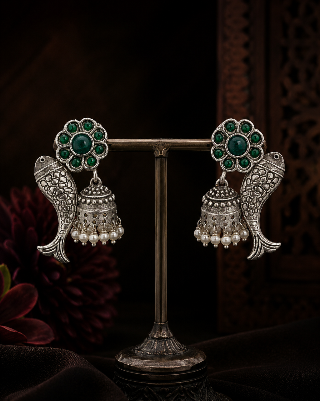 Oxidized Silver Green Stone Fish Jhumka Earrings