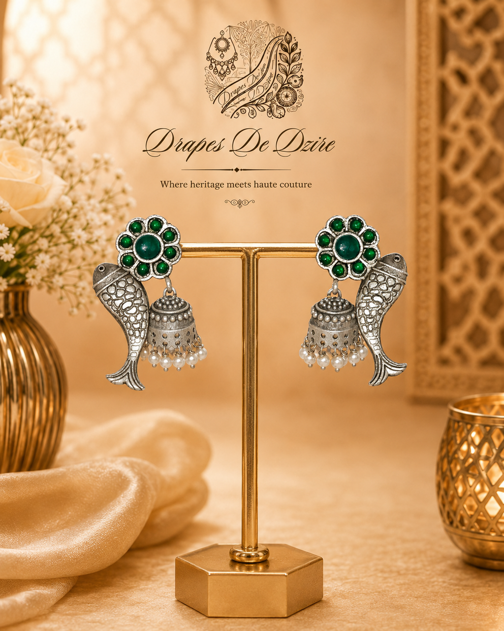 Oxidized Silver Green Stone Fish Jhumka Earrings