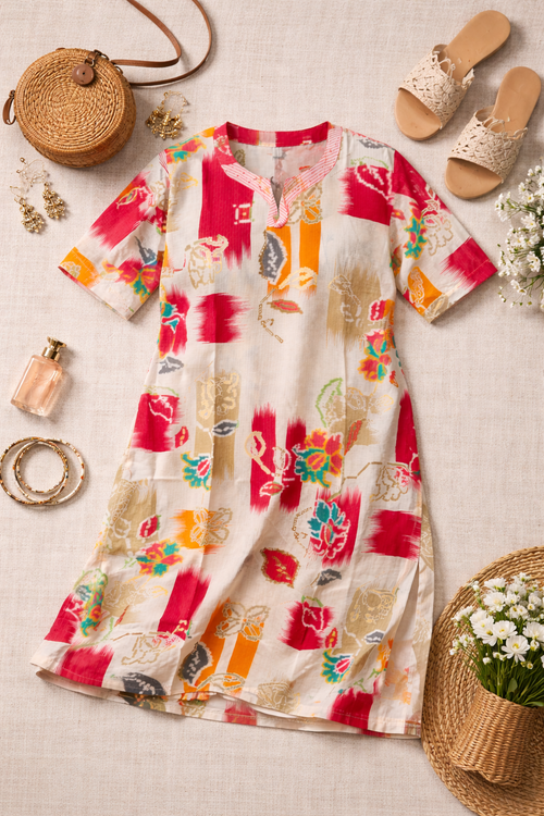 Abstract Ikat Multi Print Straight Cotton Kurta