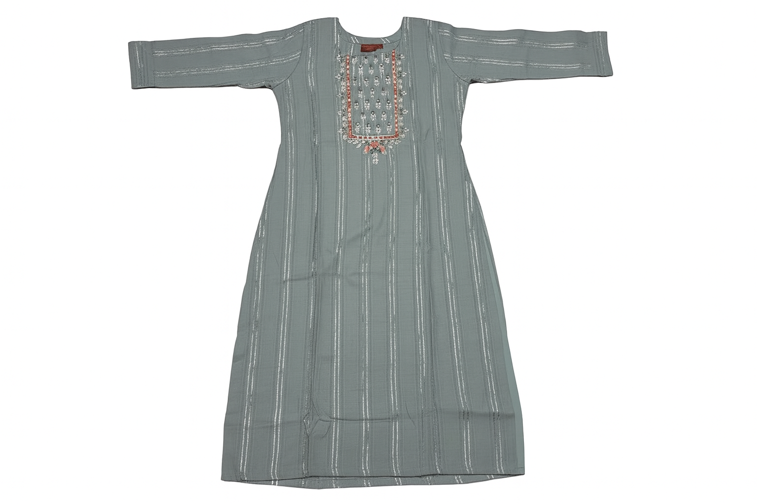 Grey Striped Hand Embroidered Cotton Kurta for Women | Straight Ethnic Kurti