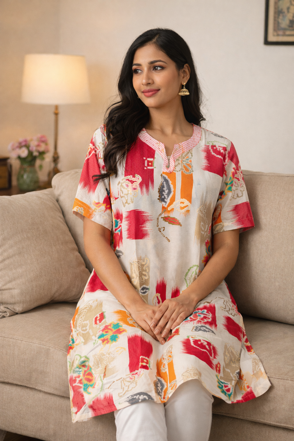Abstract Ikat Multi Print Straight Cotton Kurta