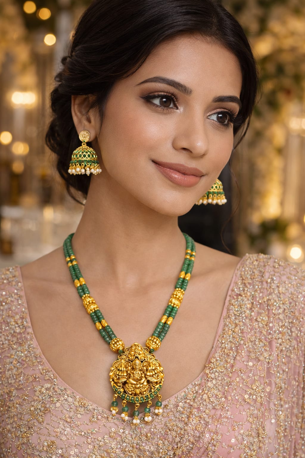 Green Stone Lakshmi Pendant Necklace Set with Jhumkas