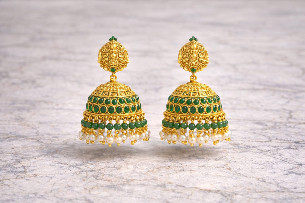 Green Stone Lakshmi Pendant Necklace Set with Jhumkas