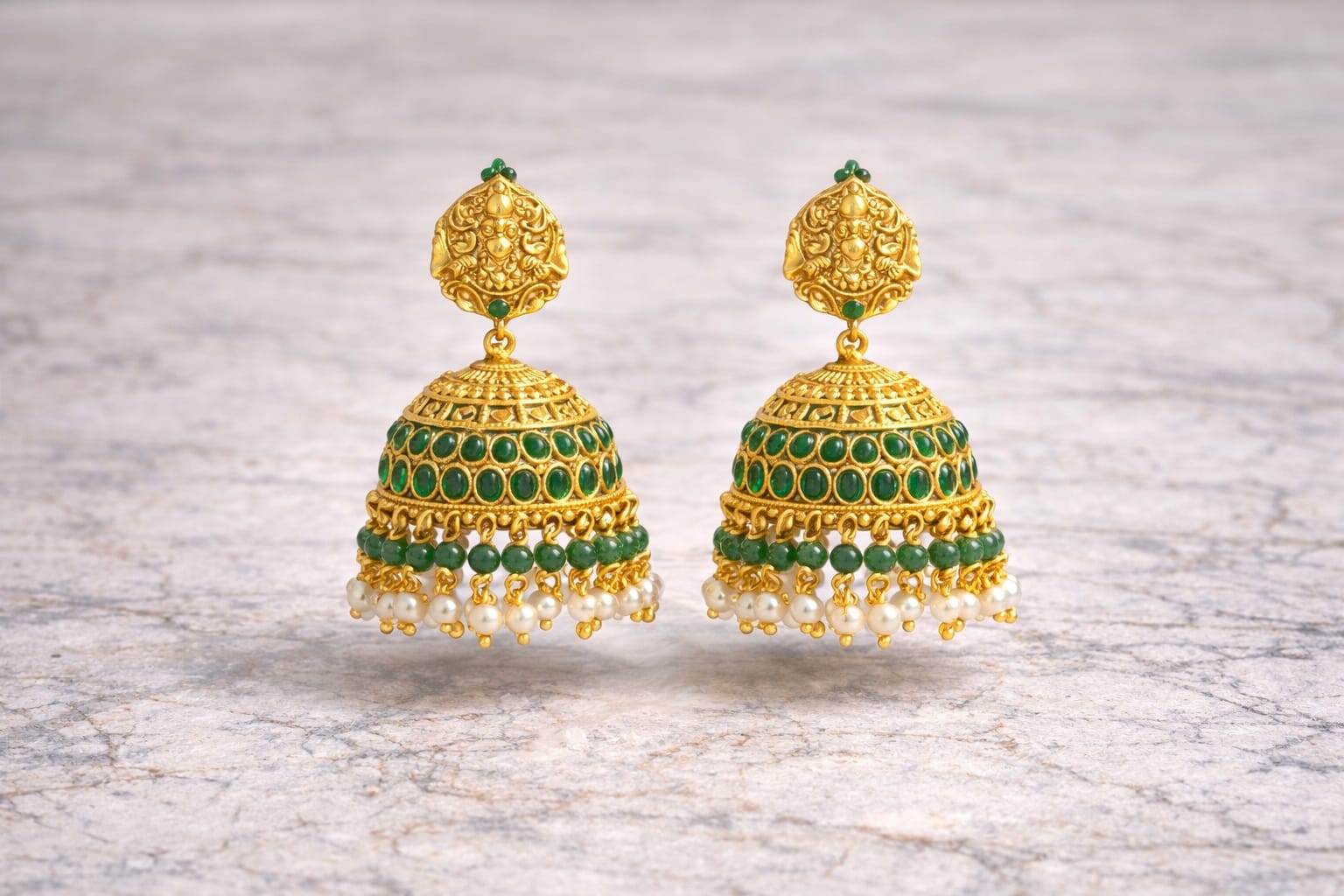 Green Stone Lakshmi Pendant Necklace Set with Jhumkas