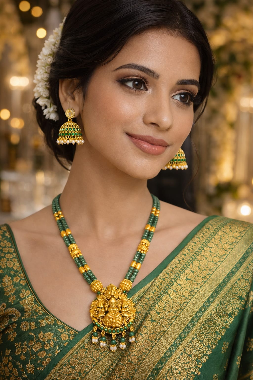 Green Stone Lakshmi Pendant Necklace Set with Jhumkas
