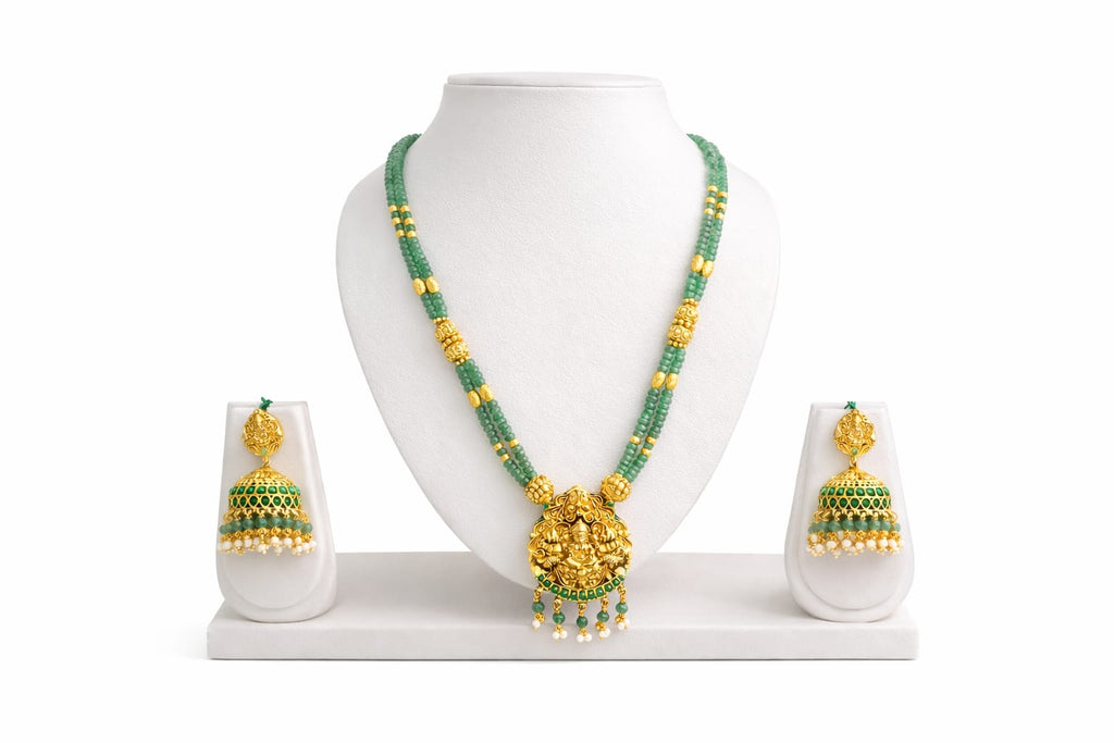 Green Stone Lakshmi Pendant Necklace Set with Jhumkas