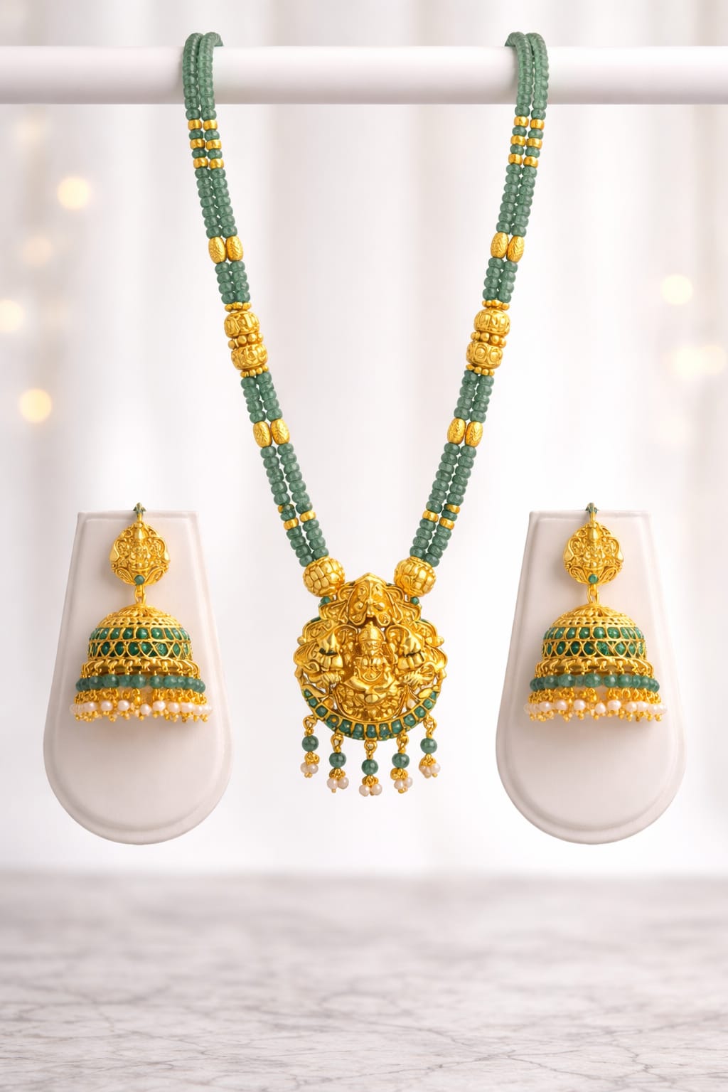 Green Stone Lakshmi Pendant Necklace Set with Jhumkas