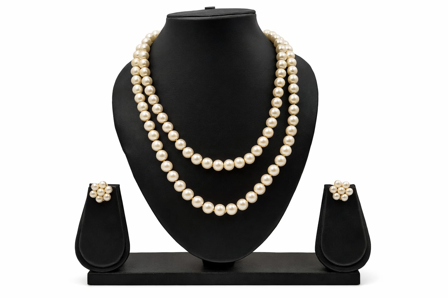 Elegant White Shiny 2-Layer Beads Chain Set with Pressing Earrings