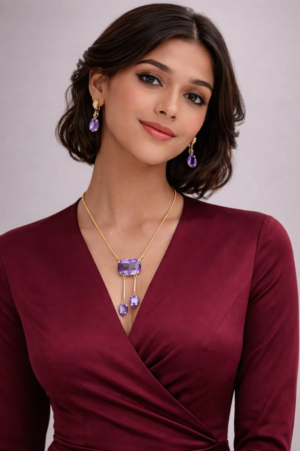 Gold-Plated Chain with Purple Pendant & Pressing Earrings