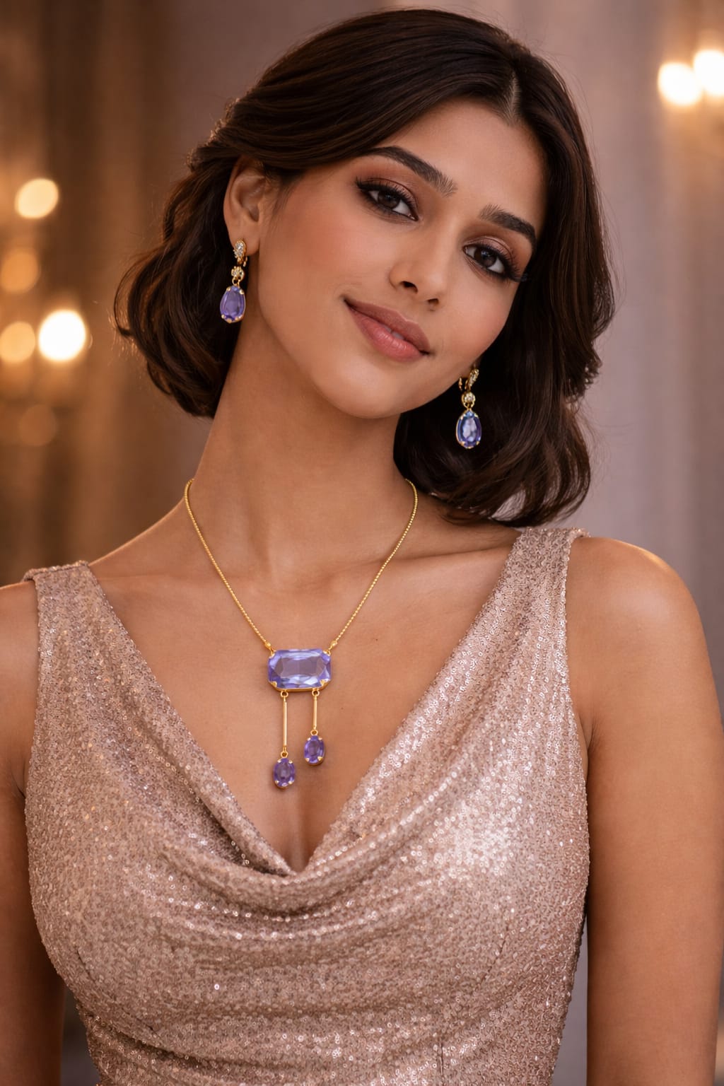 Gold-Plated Chain with Purple Pendant & Pressing Earrings