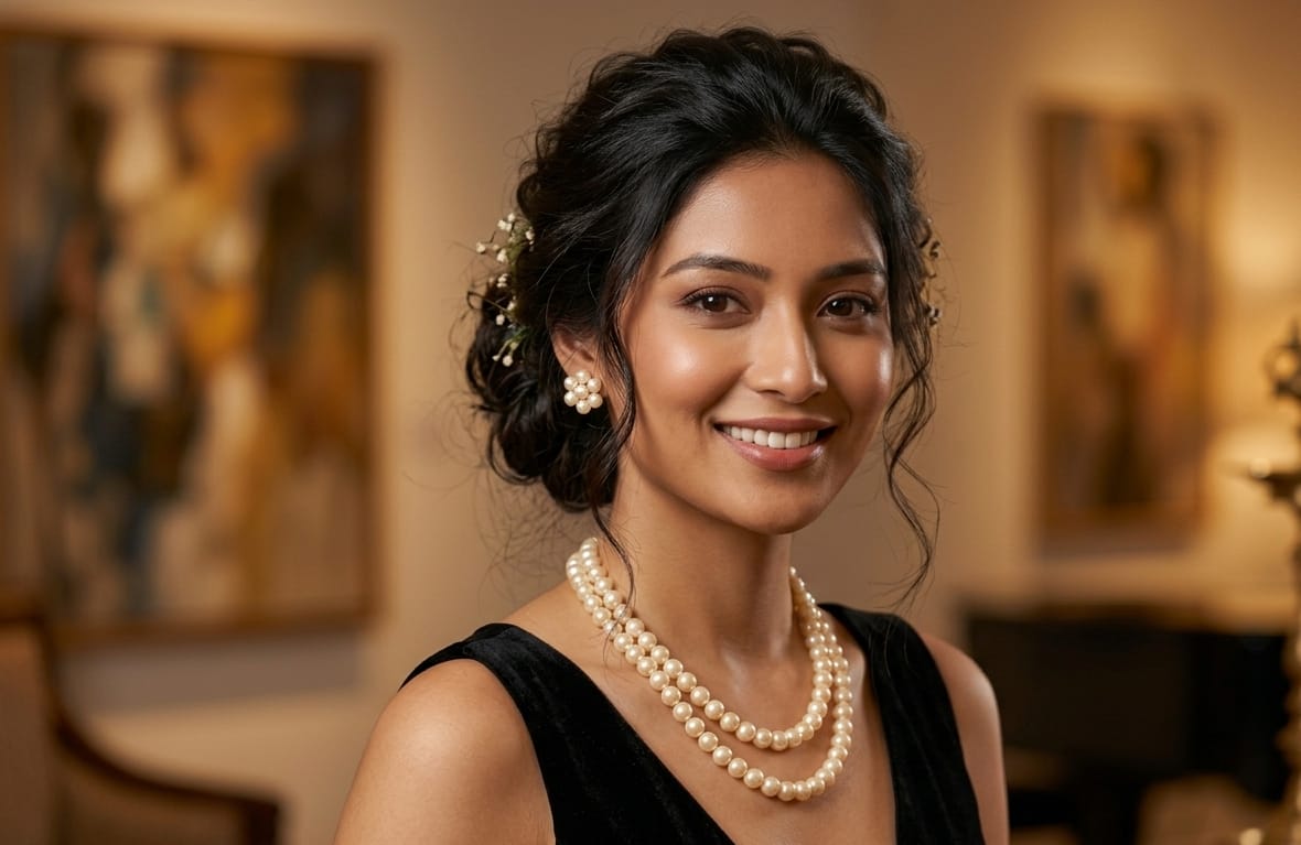 Elegant White Shiny 2-Layer Beads Chain Set with Pressing Earrings