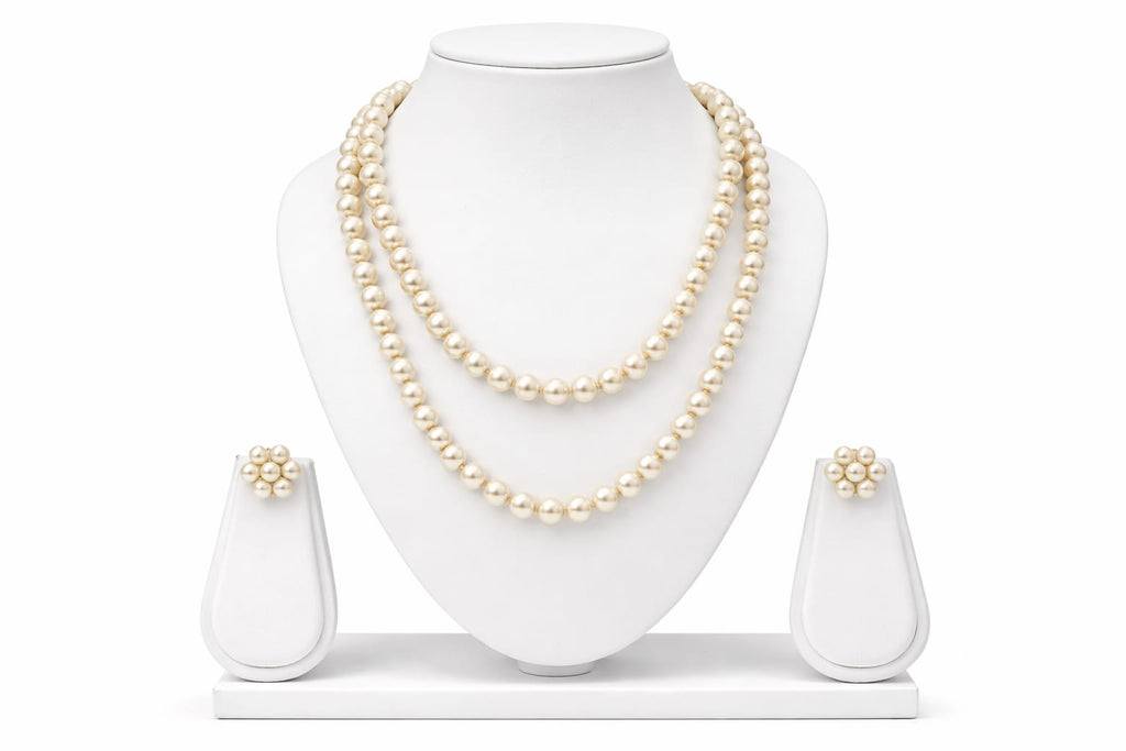 Elegant White Shiny 2-Layer Beads Chain Set with Pressing Earrings