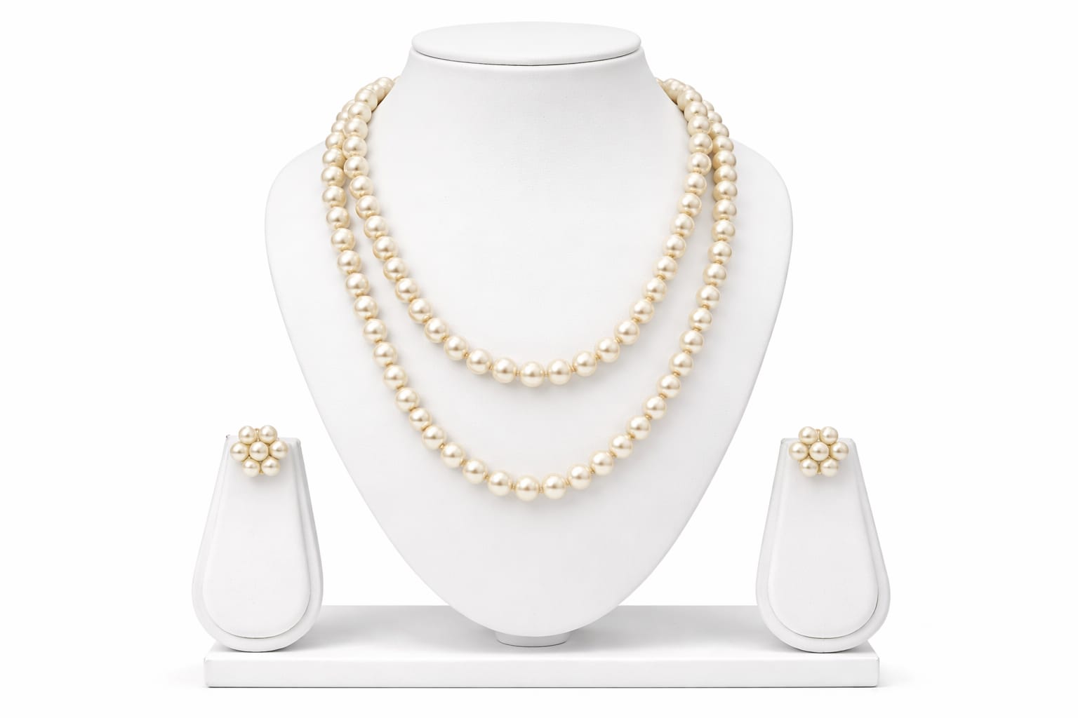 Elegant White Shiny 2-Layer Beads Chain Set with Pressing Earrings