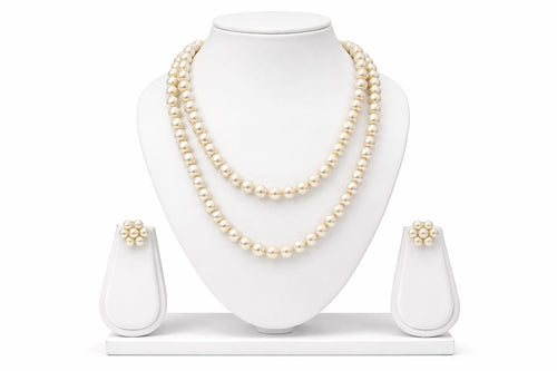 Elegant White Shiny 2-Layer Beads Chain Set with Pressing Earrings