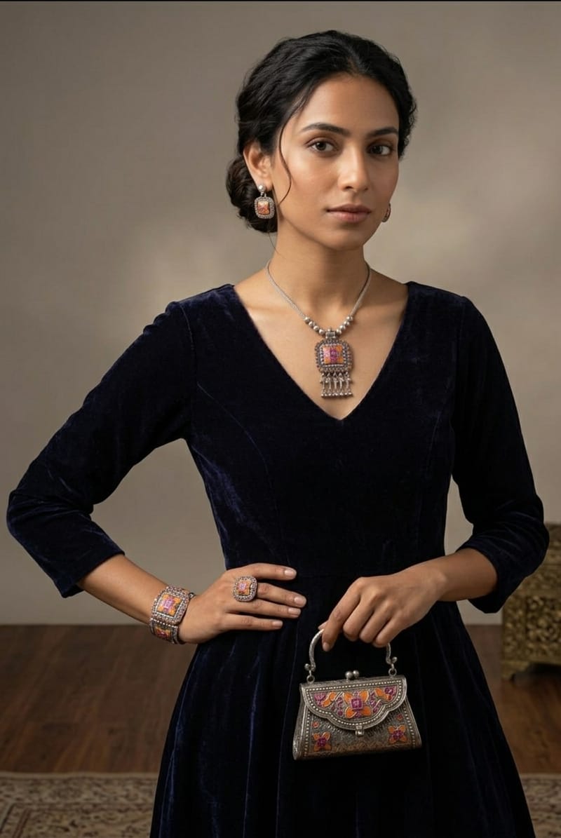 Vibrant Pink & Orange Black Metal Weightless Long Chain Pendant Set