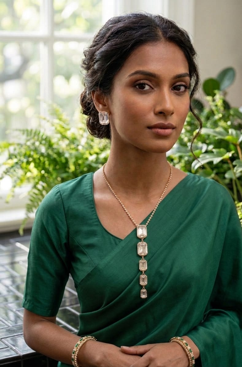 Elegant White Stone Gold-Plated Long Pendant Chain Set with Pressing Earrings