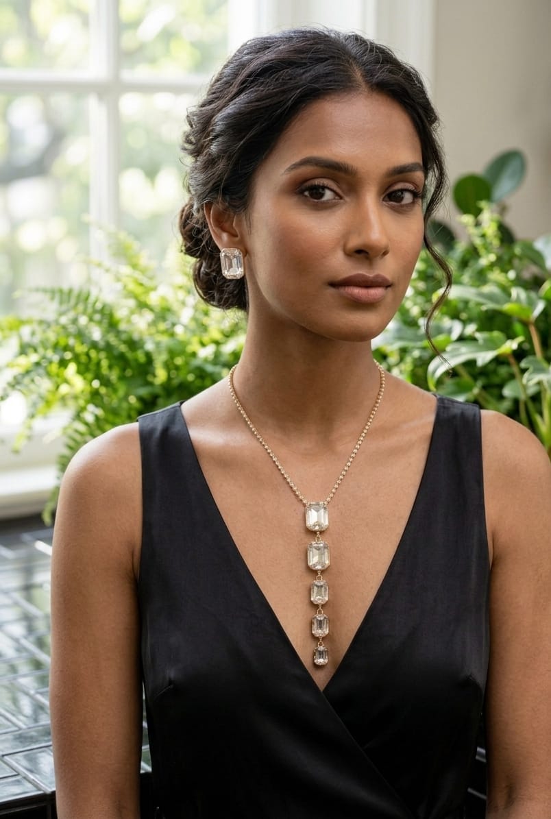 Elegant White Stone Gold-Plated Long Pendant Chain Set with Pressing Earrings