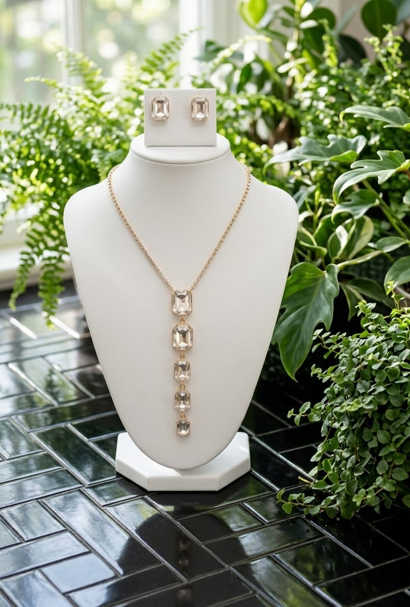 Elegant White Stone Gold-Plated Long Pendant Chain Set with Pressing Earrings