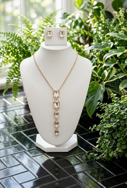 Elegant White Stone Gold-Plated Long Pendant Chain Set with Pressing Earrings