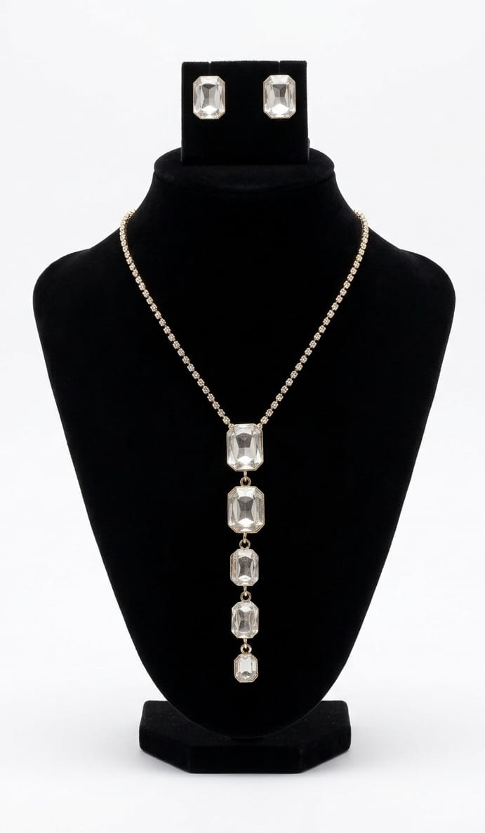 Elegant White Stone Gold-Plated Long Pendant Chain Set with Pressing Earrings