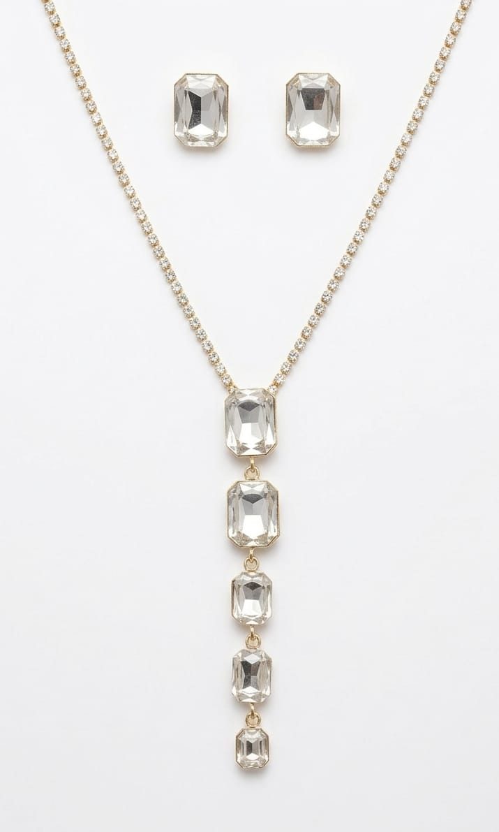Elegant White Stone Gold-Plated Long Pendant Chain Set with Pressing Earrings