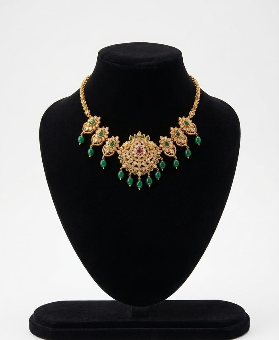 Maroon stone with and Green Stone and bead drop Choker Necklace